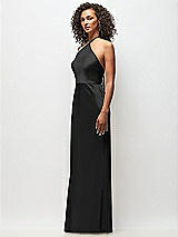 Side View Thumbnail - Black High-Neck Halter Stretch Satin Maxi Dress with Bias A-line Skirt