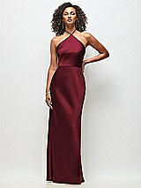 Front View Thumbnail - Cabernet High-Neck Halter Stretch Satin Maxi Dress with Bias A-line Skirt