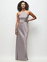 Front View Thumbnail - Cashmere Gray High-Neck Halter Stretch Satin Maxi Dress with Bias A-line Skirt