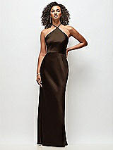 Front View Thumbnail - Espresso High-Neck Halter Stretch Satin Maxi Dress with Bias A-line Skirt