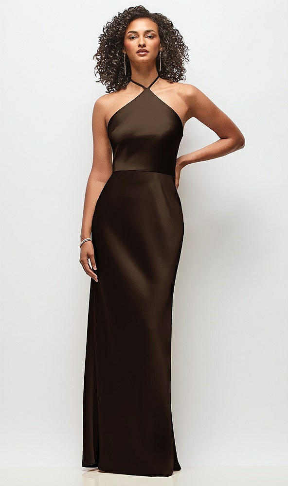 Front View - Espresso High-Neck Halter Stretch Satin Maxi Dress with Bias A-line Skirt