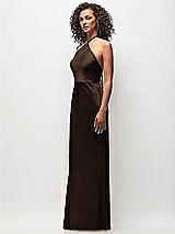 Side View Thumbnail - Espresso High-Neck Halter Stretch Satin Maxi Dress with Bias A-line Skirt