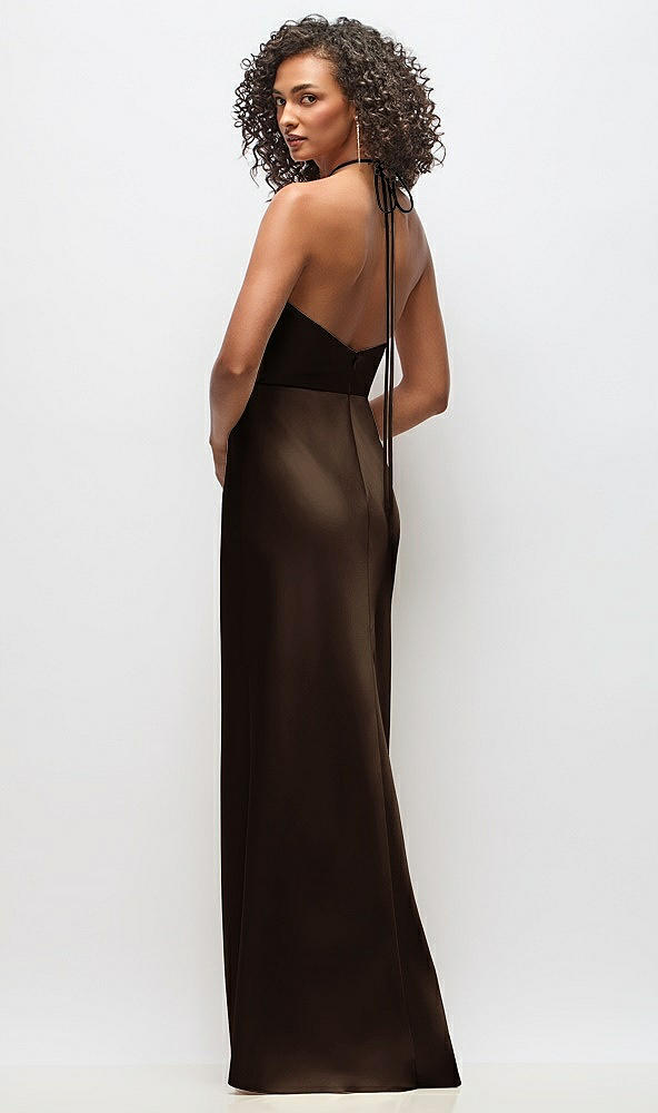 Back View - Espresso High-Neck Halter Stretch Satin Maxi Dress with Bias A-line Skirt