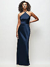 Front View Thumbnail - Midnight Navy High-Neck Halter Stretch Satin Maxi Dress with Bias A-line Skirt
