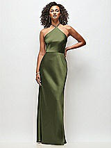 Front View Thumbnail - Olive Green High-Neck Halter Stretch Satin Maxi Dress with Bias A-line Skirt