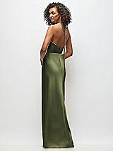 Rear View Thumbnail - Olive Green High-Neck Halter Stretch Satin Maxi Dress with Bias A-line Skirt