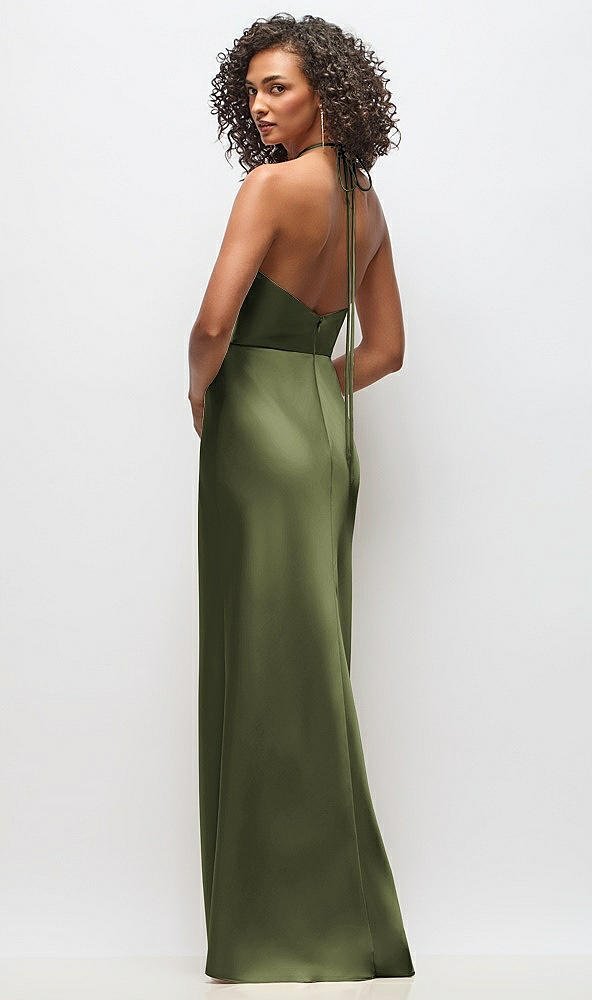 Back View - Olive Green High-Neck Halter Stretch Satin Maxi Dress with Bias A-line Skirt