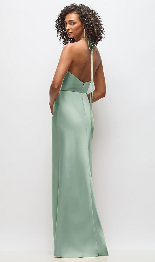Back View - Seagrass High-Neck Halter Stretch Satin Maxi Dress with Bias A-line Skirt