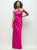 Front View Thumbnail - Think Pink High-Neck Halter Stretch Satin Maxi Dress with Bias A-line Skirt