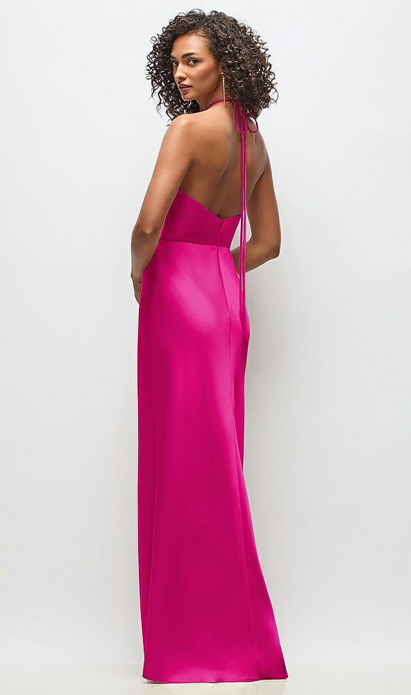 Back View - Think Pink High-Neck Halter Stretch Satin Maxi Dress with Bias A-line Skirt
