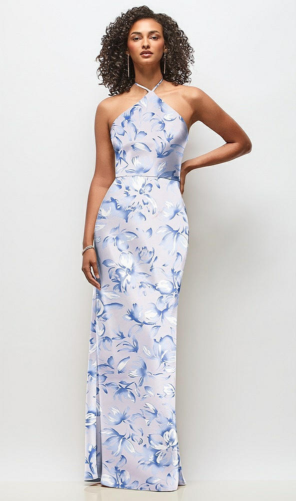 Front View - Magnolia Sky High-Neck Halter Floral Stretch Satin Maxi Dress with Bias A-line Skirt
