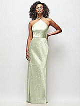 Front View Thumbnail - Vintage Primrose Celadon High-Neck Halter Floral Stretch Satin Maxi Dress with Bias A-line Skirt