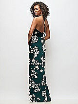 Rear View Thumbnail - Vintage Primrose Evergreen High-Neck Halter Floral Stretch Satin Maxi Dress with Bias A-line Skirt