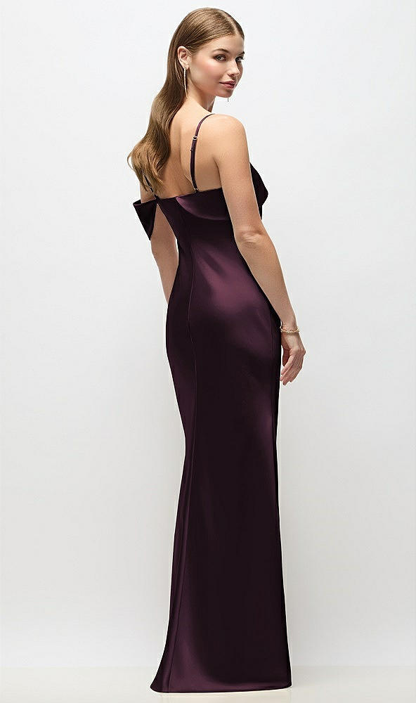 Back View - Deep Plum Asymmetrical Cuff Neck Stretch Satin Bias Maxi Dress with Adjustable Spaghetti Straps