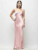 Front View Thumbnail - Ballet Pink Asymmetrical Cuff Neck Stretch Satin Bias Maxi Dress with Adjustable Spaghetti Straps