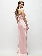 Rear View Thumbnail - Ballet Pink Asymmetrical Cuff Neck Stretch Satin Bias Maxi Dress with Adjustable Spaghetti Straps