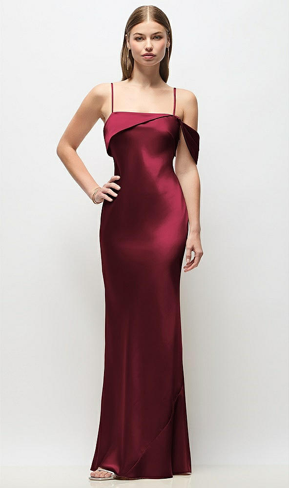 Front View - Cabernet Asymmetrical Cuff Neck Stretch Satin Bias Maxi Dress with Adjustable Spaghetti Straps