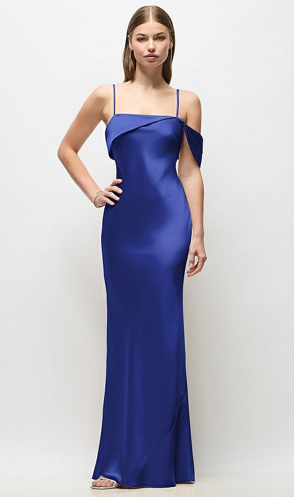 Front View - Cobalt Blue Asymmetrical Cuff Neck Stretch Satin Bias Maxi Dress with Adjustable Spaghetti Straps