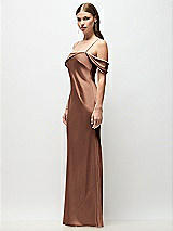Side View Thumbnail - Cognac Asymmetrical Cuff Neck Stretch Satin Bias Maxi Dress with Adjustable Spaghetti Straps