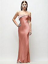 Front View Thumbnail - Desert Rose Asymmetrical Cuff Neck Stretch Satin Bias Maxi Dress with Adjustable Spaghetti Straps