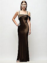 Front View Thumbnail - Espresso Asymmetrical Cuff Neck Stretch Satin Bias Maxi Dress with Adjustable Spaghetti Straps