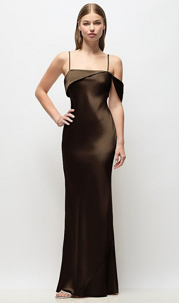 Front View - Espresso Asymmetrical Cuff Neck Stretch Satin Bias Maxi Dress with Adjustable Spaghetti Straps