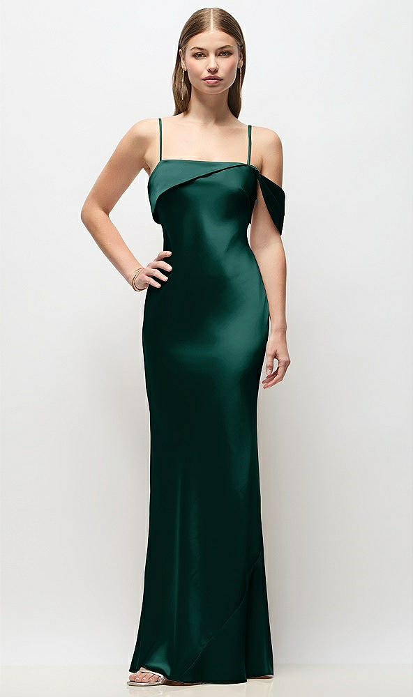 Front View - Evergreen Asymmetrical Cuff Neck Stretch Satin Bias Maxi Dress with Adjustable Spaghetti Straps
