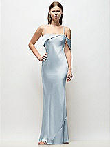 Front View Thumbnail - Mist Asymmetrical Cuff Neck Stretch Satin Bias Maxi Dress with Adjustable Spaghetti Straps