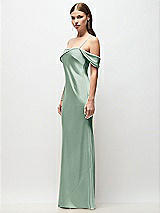 Side View Thumbnail - Seagrass Asymmetrical Cuff Neck Stretch Satin Bias Maxi Dress with Adjustable Spaghetti Straps