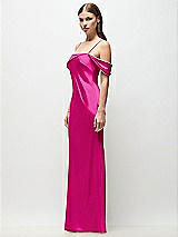 Side View Thumbnail - Think Pink Asymmetrical Cuff Neck Stretch Satin Bias Maxi Dress with Adjustable Spaghetti Straps