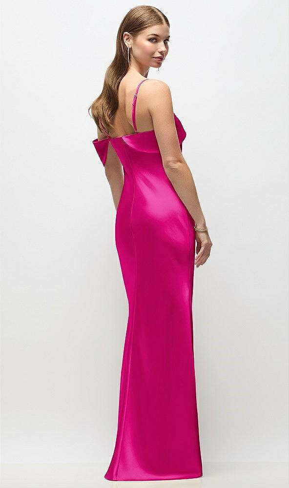 Back View - Think Pink Asymmetrical Cuff Neck Stretch Satin Bias Maxi Dress with Adjustable Spaghetti Straps