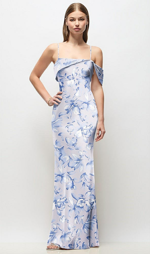 Front View - Magnolia Sky Asymmetrical Cuff Neck Floral Stretch Satin Bias Maxi Dress with Adjustable Spaghetti Straps