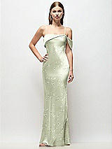 Front View Thumbnail - Vintage Primrose Celadon Asymmetrical Cuff Neck Floral Stretch Satin Bias Maxi Dress with Adjustable Spaghetti Straps