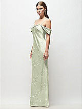 Side View Thumbnail - Vintage Primrose Celadon Asymmetrical Cuff Neck Floral Stretch Satin Bias Maxi Dress with Adjustable Spaghetti Straps