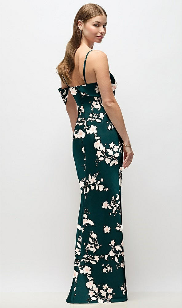 Back View - Vintage Primrose Evergreen Asymmetrical Cuff Neck Floral Stretch Satin Bias Maxi Dress with Adjustable Spaghetti Straps