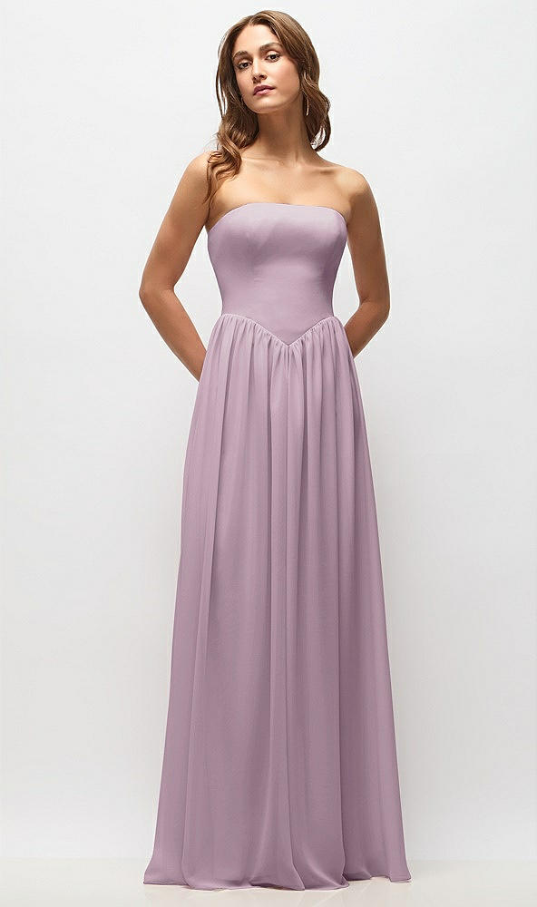 Front View - Suede Rose Strapless Basque Drop Waist Chiffon Maxi Dress with Shirred Skirt
