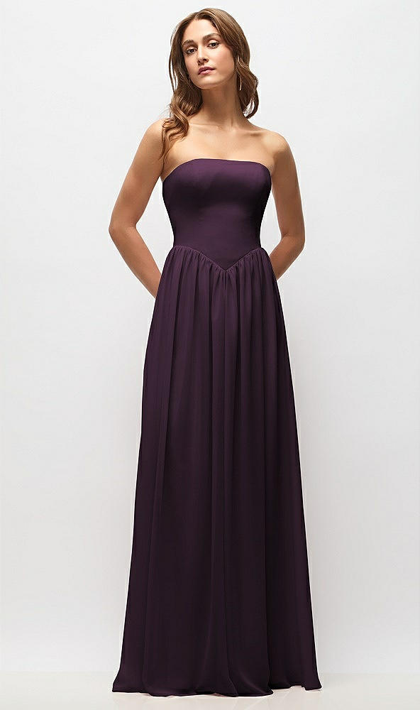 Front View - Aubergine Strapless Basque Drop Waist Chiffon Maxi Dress with Shirred Skirt