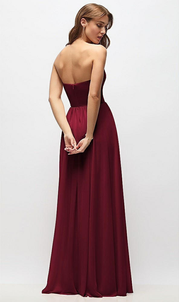 Back View - Burgundy Strapless Basque Drop Waist Chiffon Maxi Dress with Shirred Skirt 