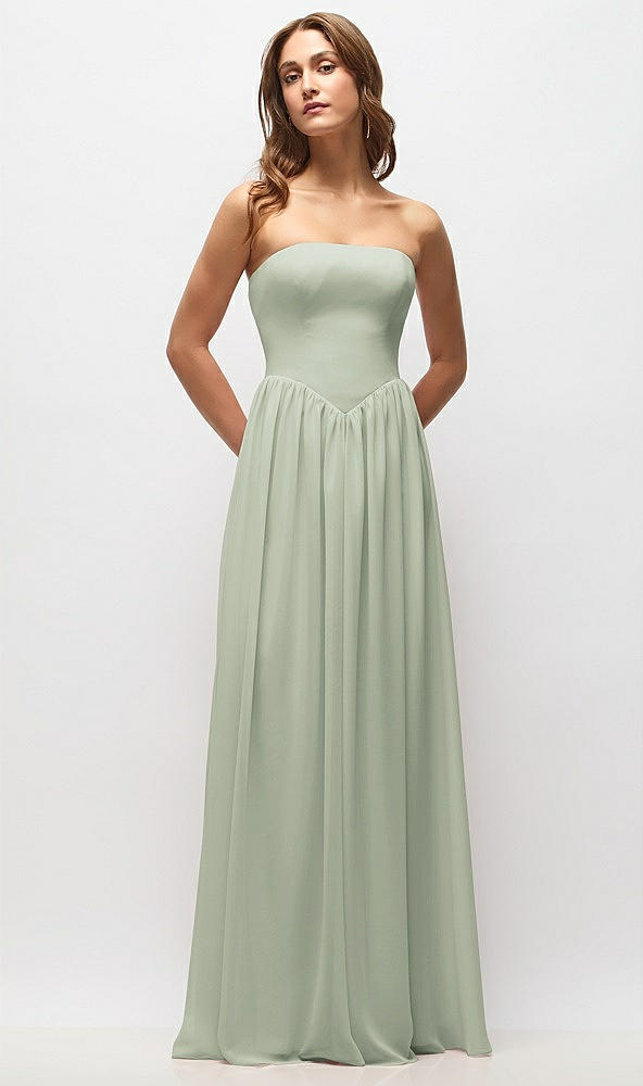 Front View - Celadon Strapless Basque Drop Waist Chiffon Maxi Dress with Shirred Skirt