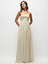 Front View Thumbnail - Champagne Strapless Basque Drop Waist Chiffon Maxi Dress with Shirred Skirt