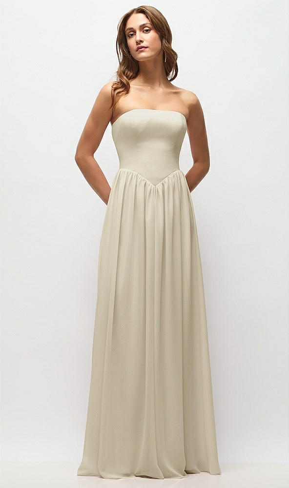 Front View - Champagne Strapless Basque Drop Waist Chiffon Maxi Dress with Shirred Skirt