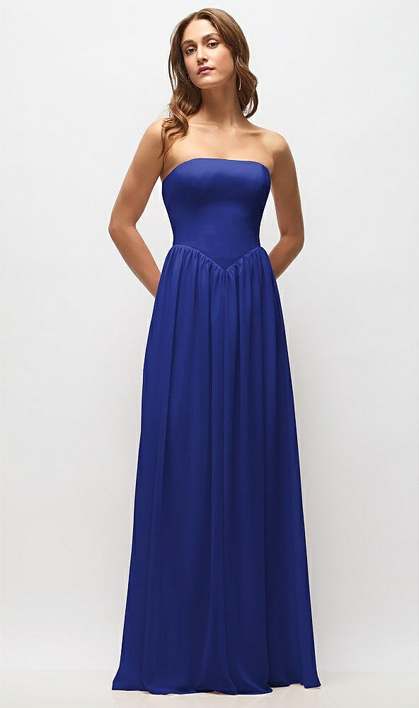 Front View - Cobalt Blue Strapless Basque Drop Waist Chiffon Maxi Dress with Shirred Skirt