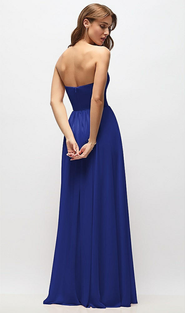 Back View - Cobalt Blue Strapless Basque Drop Waist Chiffon Maxi Dress with Shirred Skirt