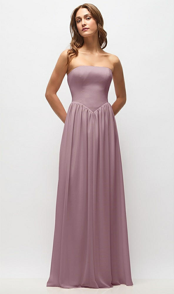 Front View - Dusty Rose Strapless Basque Drop Waist Chiffon Maxi Dress with Shirred Skirt