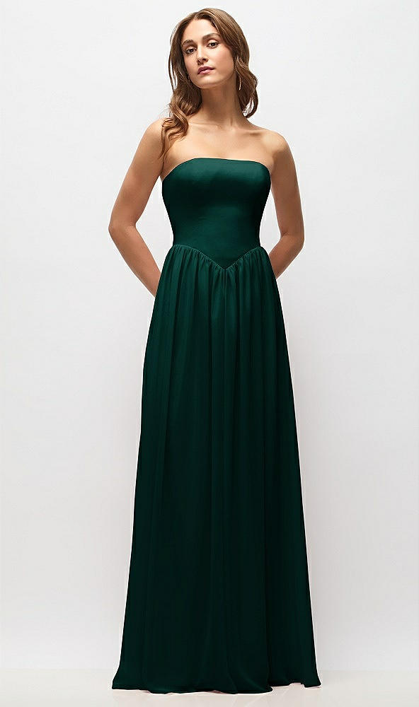 Front View - Evergreen Strapless Basque Drop Waist Chiffon Maxi Dress with Shirred Skirt