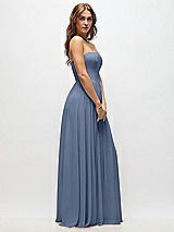Side View Thumbnail - Larkspur Blue Strapless Basque Drop Waist Chiffon Maxi Dress with Shirred Skirt