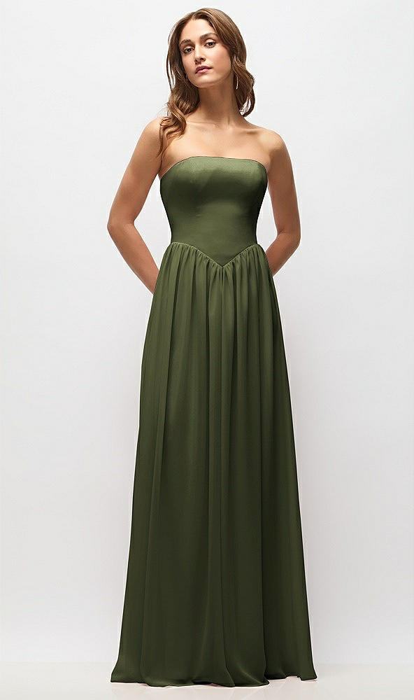 Front View - Olive Green Strapless Basque Drop Waist Chiffon Maxi Dress with Shirred Skirt