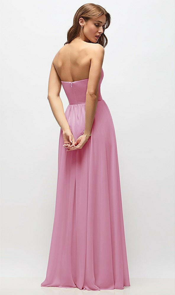 Back View - Powder Pink Strapless Basque Drop Waist Chiffon Maxi Dress with Shirred Skirt