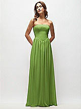 Front View Thumbnail - Peridot Green Strapless Basque Drop Waist Chiffon Maxi Dress with Shirred Skirt 