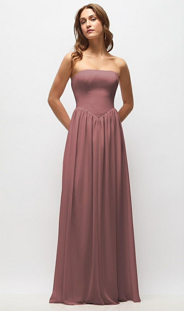 Front View - Rosewood Strapless Basque Drop Waist Chiffon Maxi Dress with Shirred Skirt